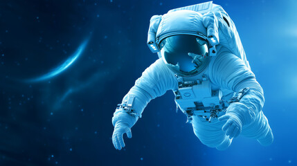 Astronaut in a serene blue space environment