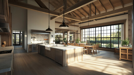 Wall Mural - Luxurious Farmhouse Kitchen  Open Plan  Wooden Beams  Large Windows  Island