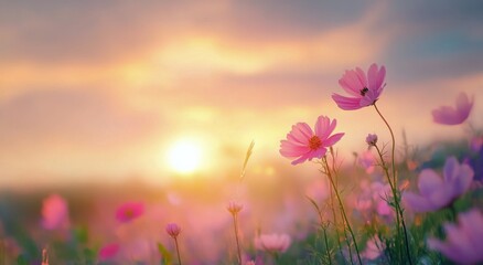 Poster - Vibrant flowers in a field basking in the warm glow of a stunning sunset