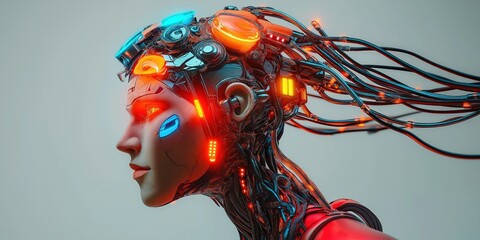 Poster - Colorful cyborg AI with human features, cables. Head half-machine, half-human. AI futuristic, techy. Shows wires, tech elements. Eyes glowing lights. Displays cutting-edge tech. Image shows AI.