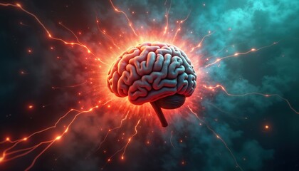 Aufkleber - Powerful brain illustration shows active mind. Red, orange energy surrounds 3D brain model. Concept image suggests intellect, innovation. Abstract digital design highlights ideas, creativity, neural