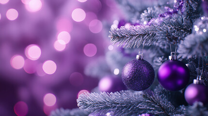 Wall Mural - Festive Christmas tree background with purple ornaments, glowing purple bokeh lights in the background and free copy space for text placement