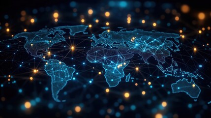 Aufkleber - Global digital network connects world map. International tech conference discusses digital impact on GDP. Global economic growth linked to digital. World connectivity shown through global network.