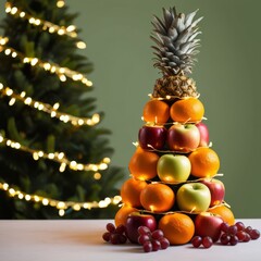 Christmas tree made from stacked apples, oranges, and pineapples. A healthy and vibrant alternative for festive decorations. copy space new year background