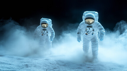 Wall Mural - astronauts exploring a mysterious lunar landscape at night
