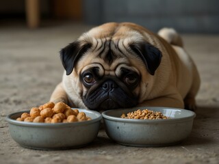 Wall Mural - Portrait of a pug in a funny pose near its food bowl.