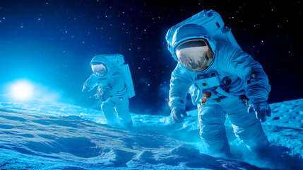 Wall Mural - astronauts explore lunar surface under starry sky at night