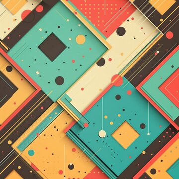 Abstract funky 1950's background with rhombus elements and retro colors. Realistic design in futuristic retro style background with perforation. Vector illustration.