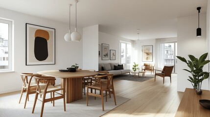 Poster - Modern interior showcasing a minimalist dining area with natural light and wooden accents