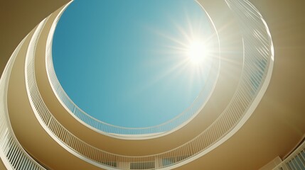 Poster - Spiral architecture showcases bright sunlight streaming through a circular opening in the ceiling during midday