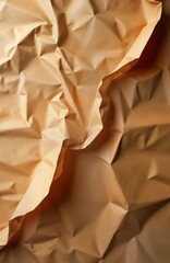 Poster - Close-up view of crumpled brown paper texture. Material detail shows folds, creases. Artistic design with natural, organic tones. Suitable for wrapping craft projects. Paper rustic aesthetic ideal