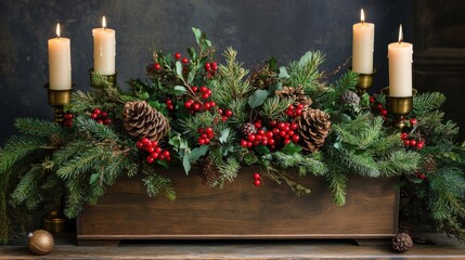 Wall Mural - Holiday centerpiece with candles and pinecones on a rustic wooden table