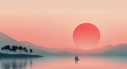 Wall Mural - Colorful sunset over calm ocean with palm tree and sailboat in silhouette