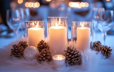 Wall Mural - Elegant table centerpiece with candles and pinecones for a winter celebration