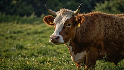 Wall Mural - Pretty cow in a grassy field.