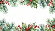 © Nataliya Selyutina - Christmas border with watercolor hand painted winter greenery, pine, fir tree branches, branches and red holly berries on white background. Winter Holiday frame, photo card template.
