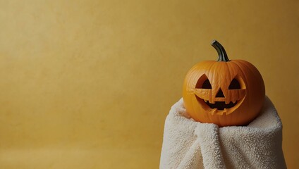 Wall Mural - Pumpkin wearing a facial mask and towel on a yellow background.