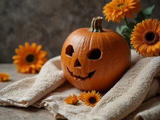 Wall Mural - Pumpkin with a clay mask surrounded by flowers and towels.