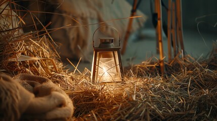 Nativity lantern in straw manger at night