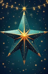 Aufkleber - Festive decorative star glows in dark night sky. Sparkling golden decorative elements highlight star. Magical glowing lights twinkle around. Holiday greeting card style illustration bright colours