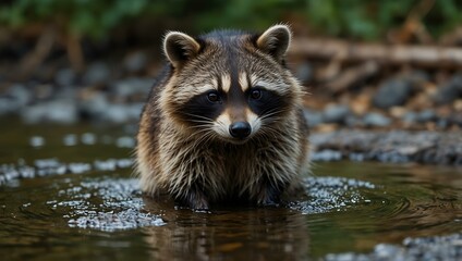 Wall Mural - Raccoon washing its food in a stream.