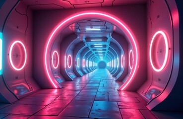 Poster - Futuristic neon tunnel glows with vibrant colors. Abstract shapes, lines create urban transportation space. Glowing circles illuminate interior corridor. Intriguing perspective creates sense of