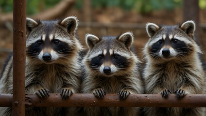 Wall Mural - Raccoons in a zoo cage begging for food.