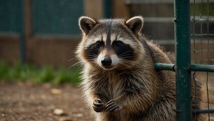 Wall Mural - Raccoons in a zoo cage begging for food.