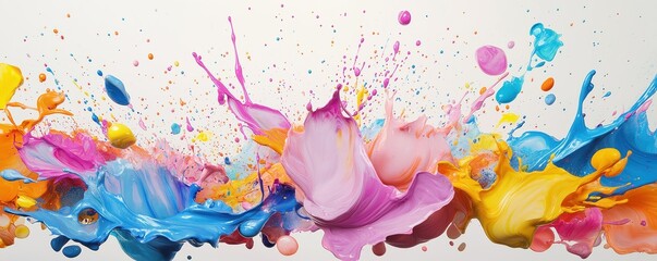 Aufkleber - Multicolored paint splashes explode against white background. Vivid hues of paint create dynamic forms. Abstract art captures energy, creativity. Colorful paint dynamic. Abstract pattern with bright