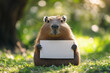© Andri - A capybara sitting calmly on a grassy field, holding a large blank banner between its front paws