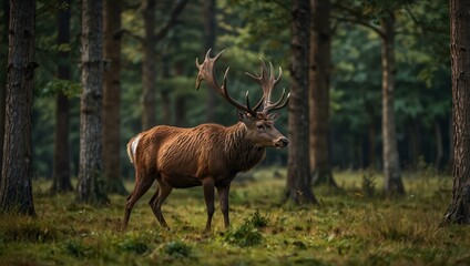 Wall Mural - Red deer with antlers grazing in a peaceful forest.