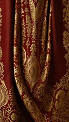 Wall Mural - Red fabric with gold design.