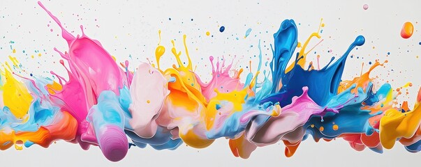Poster - Multicolored paint splashes explode in dynamic forms against white background. Colorful bursts create abstract shapes. Vivid colors, texture suggest energy, creativity. Ideal for designs emphasizing