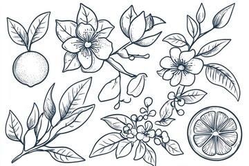 Wall Mural - A collection of hand-drawn citrus fruits and flowers, ideal for botanical illustrations.