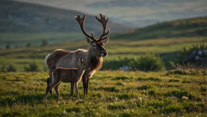 Wall Mural - Reindeer with its calf wandering through spring meadows.