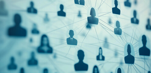 Poster - Network of human connections represented through abstract silhouettes and lines on a blue background