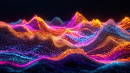 Poster - Abstract illustration shows dynamic colorful data visualization of big data. Complex information analysis displayed as colorful wavy mountain range shapes. Neural networks process massive data. AI