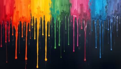 Aufkleber - Colorful paint drips cascade down dark background. Vibrant hues blend into flowing streaks creating unique pattern. Drips dynamic, messy, suggesting spontaneous artistic process. Abstract artwork