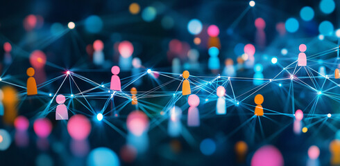 Poster - Digital network connecting diverse individuals with vibrant colors and lights in an abstract representation