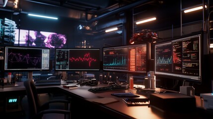 Poster - Advanced data analysis environment featuring multiple screens displaying graphs, metrics, and live statistics during a late-night session