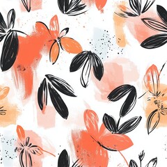 Poster - modern floral pattern featuring abstract shapes in orange and black on a white background