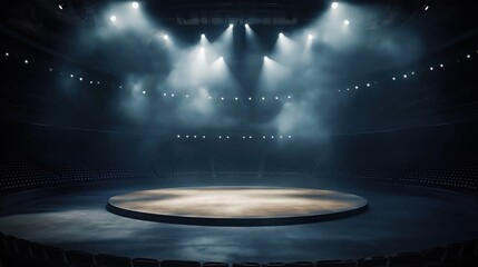 Poster - Empty arena stage with spotlights, smoke. Dark toned 3d rendering. Dramatic lighting effects. Possible use in tech events promo. Event planning theater promotion. Future possibilities in virtual
