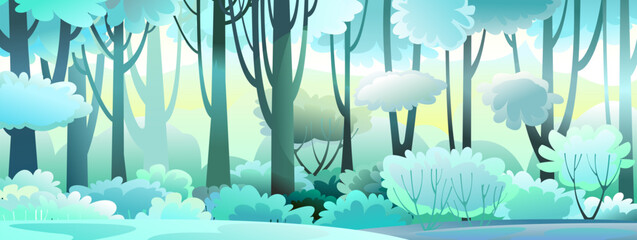 Wall Mural - frost and winter snow. forest landscape. cold weather. beautiful blue. scenery with trees. fun carto