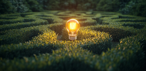 Poster - Illuminated light bulb shines in the center of a green maze at dusk creating a serene and intriguing atmosphere