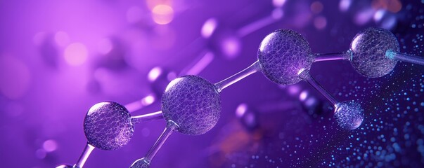 Poster - Molecular structure close-up on vibrant purple background. Complex molecules show modern scientific research. Advanced tech for chemistry, biology. Illustration conveys innovation in tech, bio