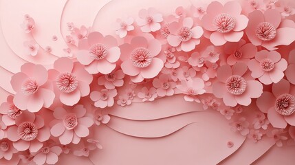 Aufkleber - Beautiful pink paper flowers arranged on soft light background. Floral design looks elegant, serene. Creative paper craft. Ideal for feminine, romantic themes events. Stunning backdrop for fashion