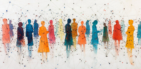 Poster - Colorful silhouettes of diverse individuals connected by lines in an abstract representation of social interaction and community
