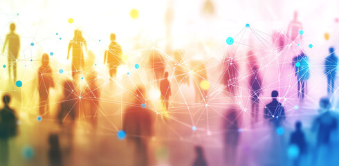 Poster - Silhouettes of diverse people connecting in a vibrant, colorful environment representing community and interaction