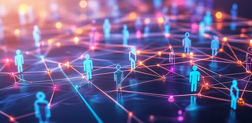 Poster - Digital network visualization connecting people through vibrant lines of light during a virtual collaboration
