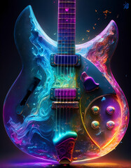 electric guitar, futuristic, neon, vibrant, swirling colors, translucent, glowing, music, artistic, technology, modern, sleek, creative, dynamic, illuminated